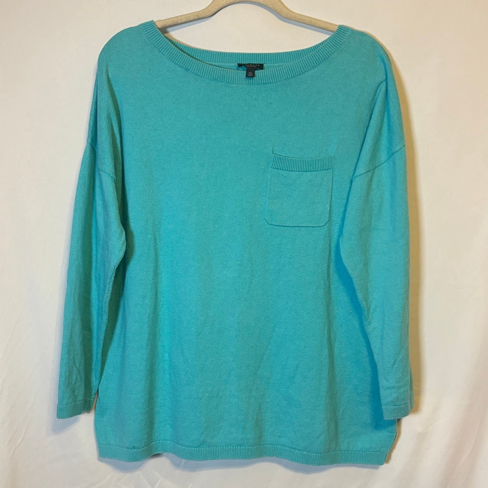 Talbots Woman Petites 1XP Light Blue Sweater Cotton Wool Cashmere Blend Pocket